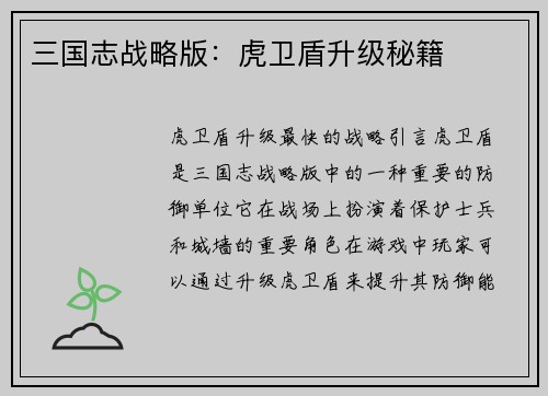 三国志战略版：虎卫盾升级秘籍